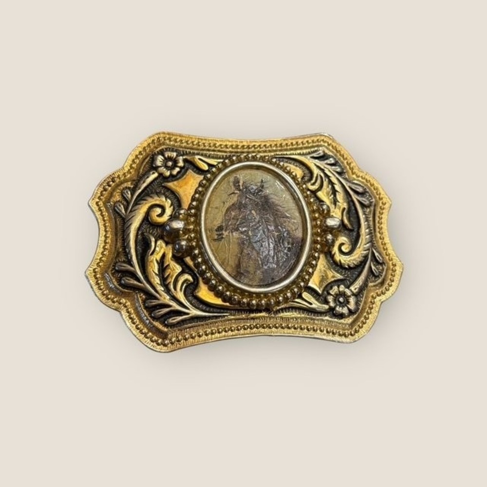 Western Americana Belt Buckle Gold Tone Ornate Scrollwork Horse Theme